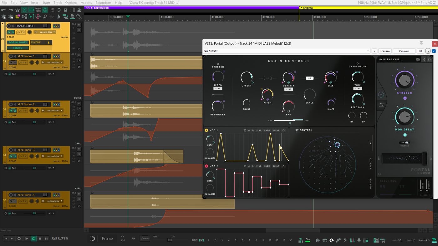 All four particle-tracks with their respective panning-automation and Portal