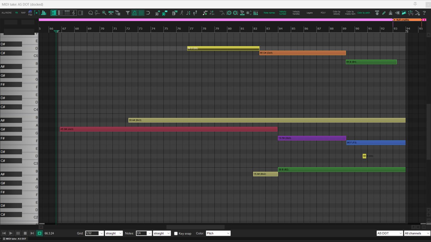 This track plays the notes within the range of C2-C4. The next track plays the upper notes